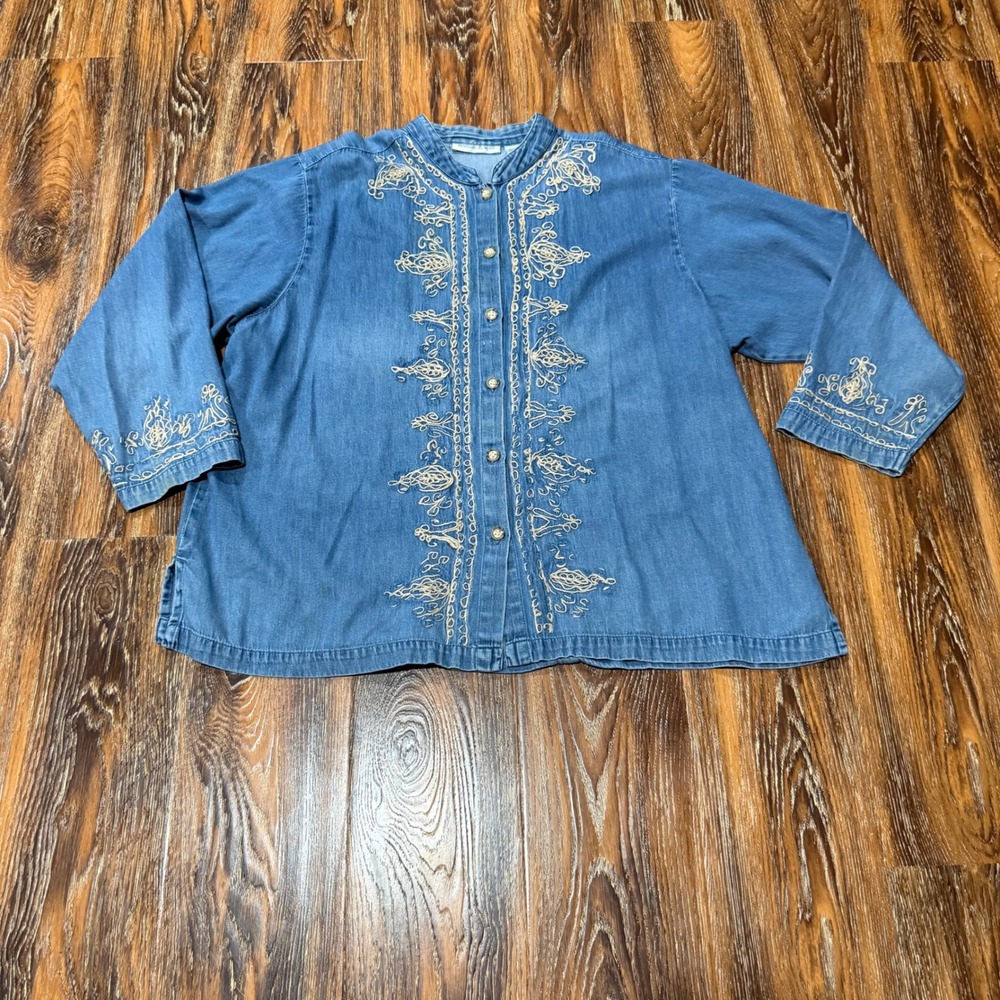 Maggie & Max Blue Denim Embroidered Boho Button Down Shirt Plus Size 2X Cotton